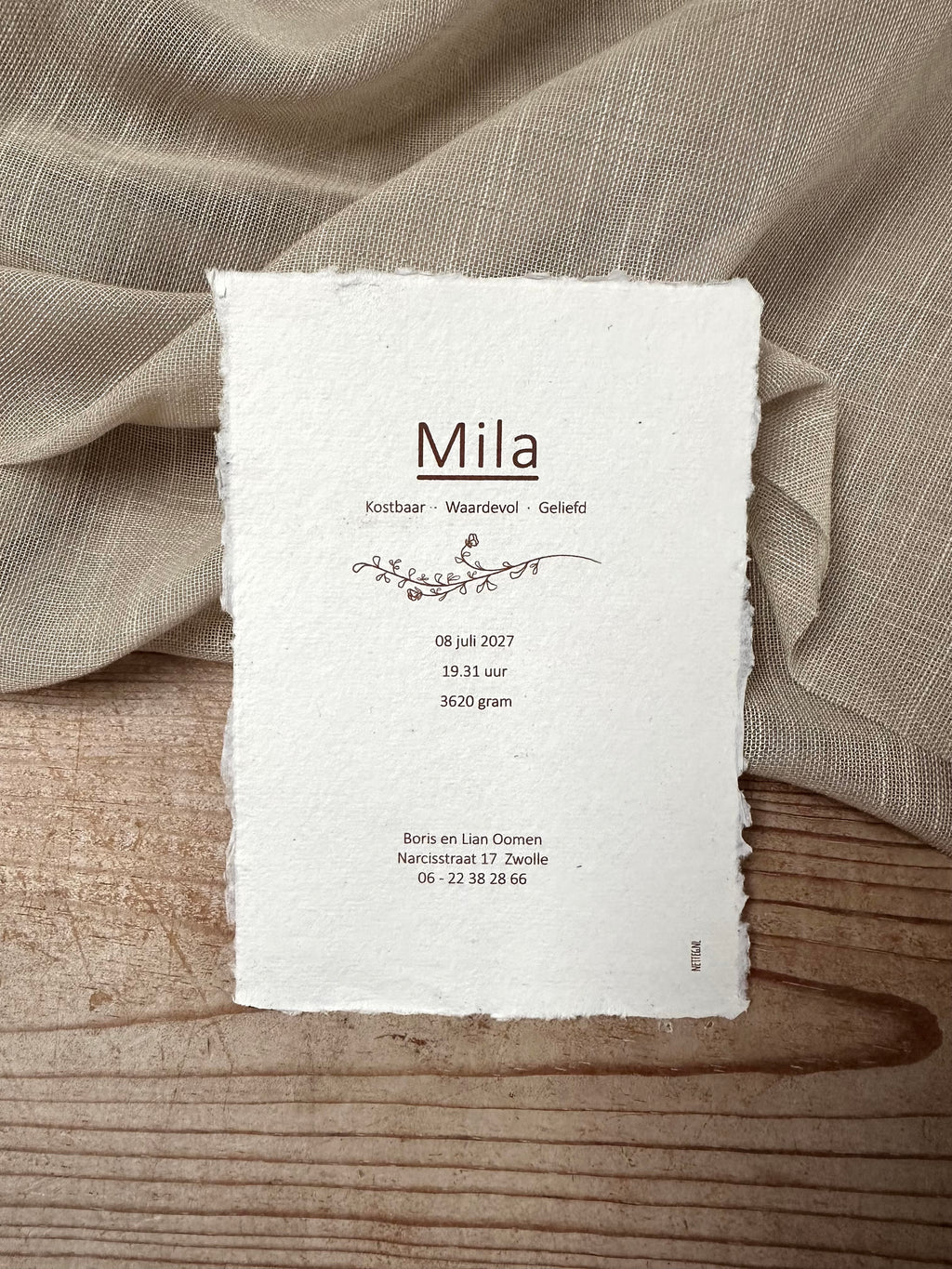 Geboortekaartje Mila | Handgeschept