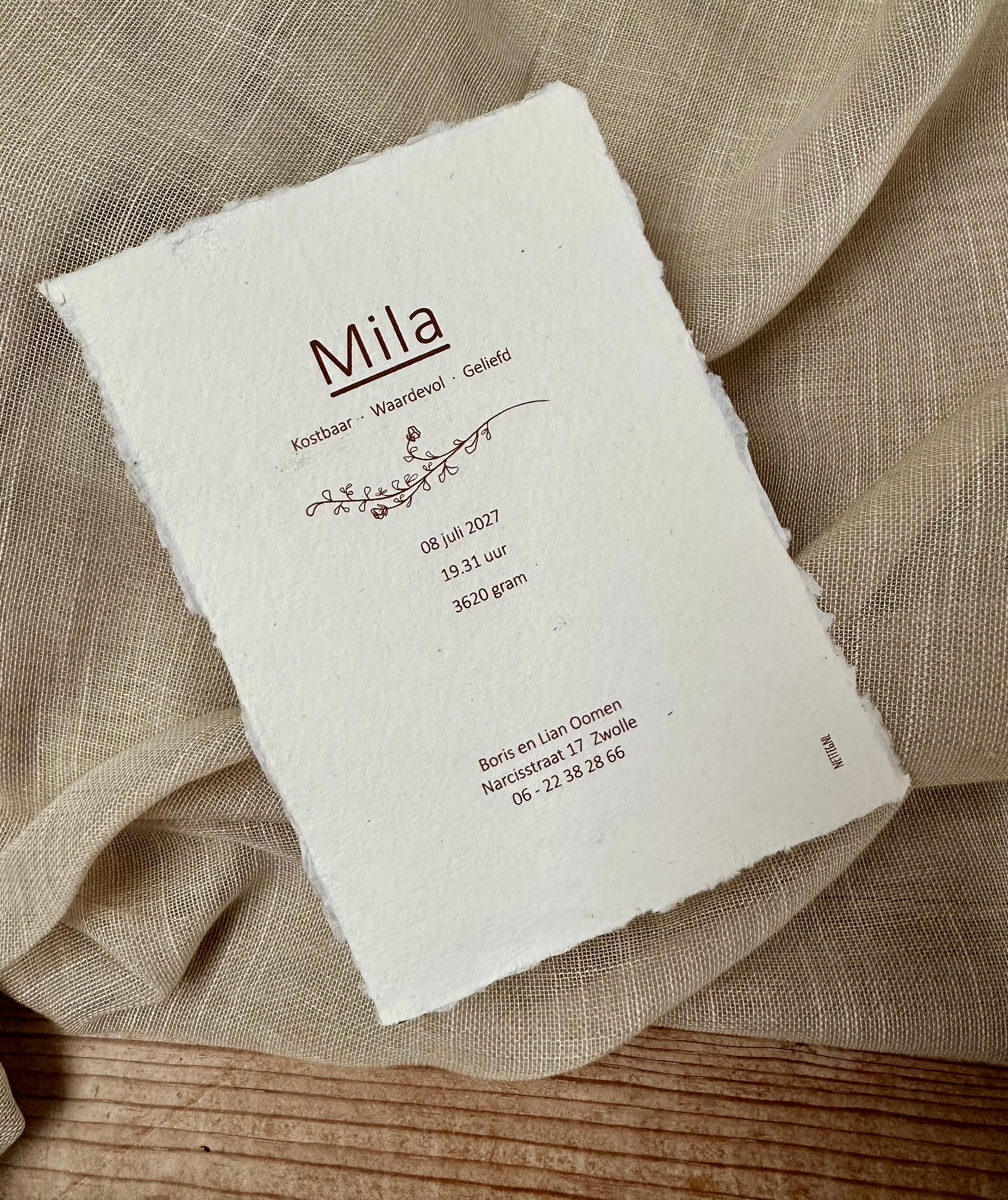 Geboortekaartje Mila | Handgeschept