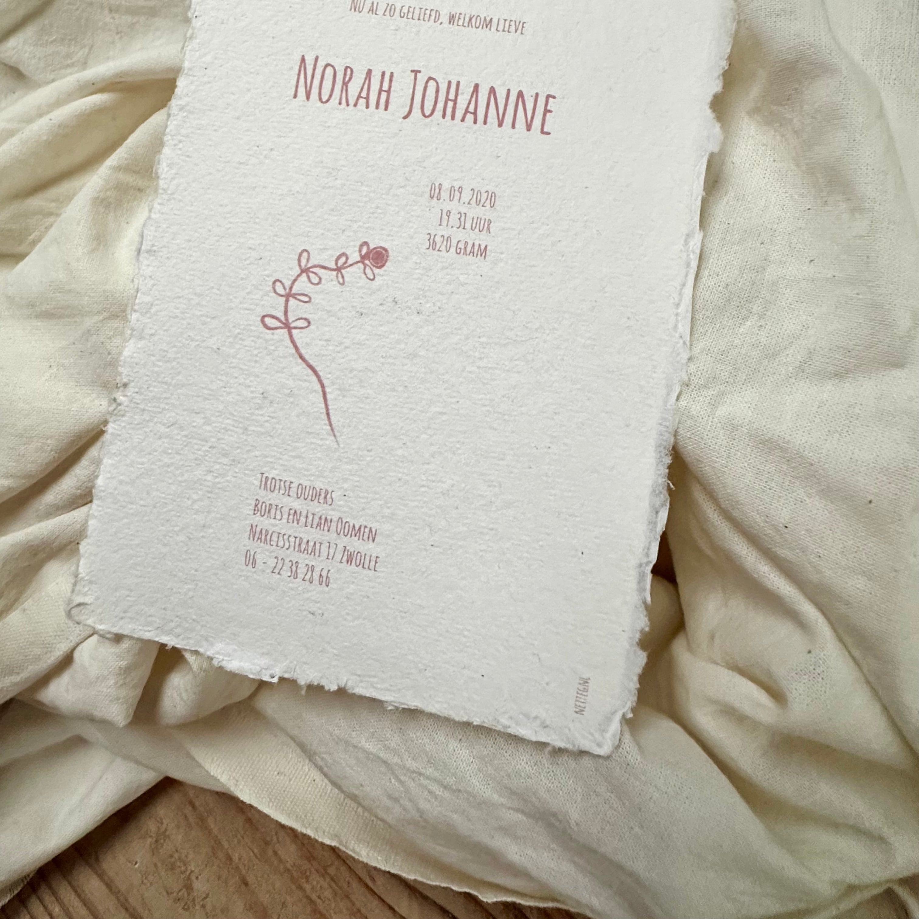 Geboortekaartje Norah | Handgeschept