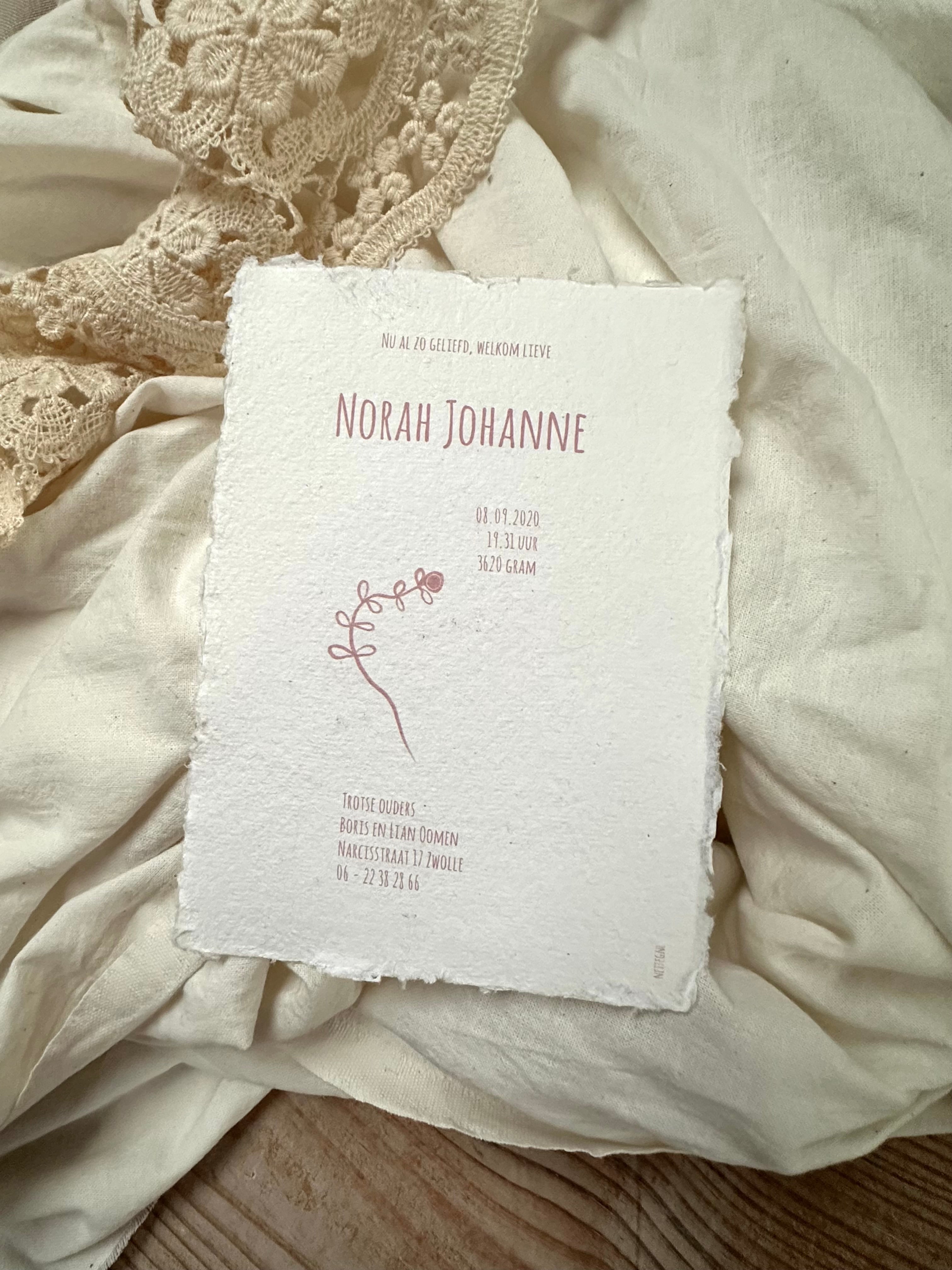 Geboortekaartje Norah | Handgeschept