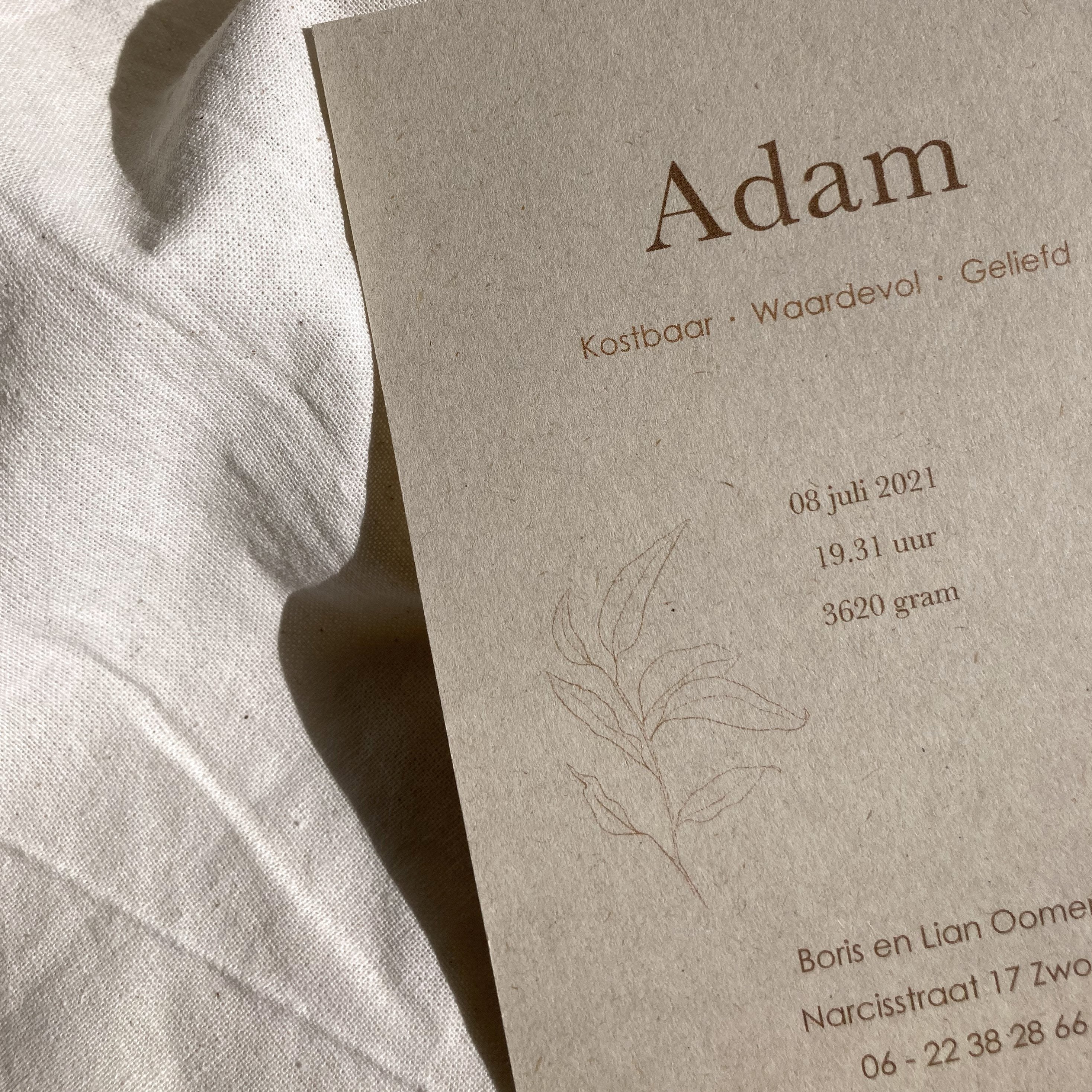 Geboortekaartje Adam | Zandkleurig