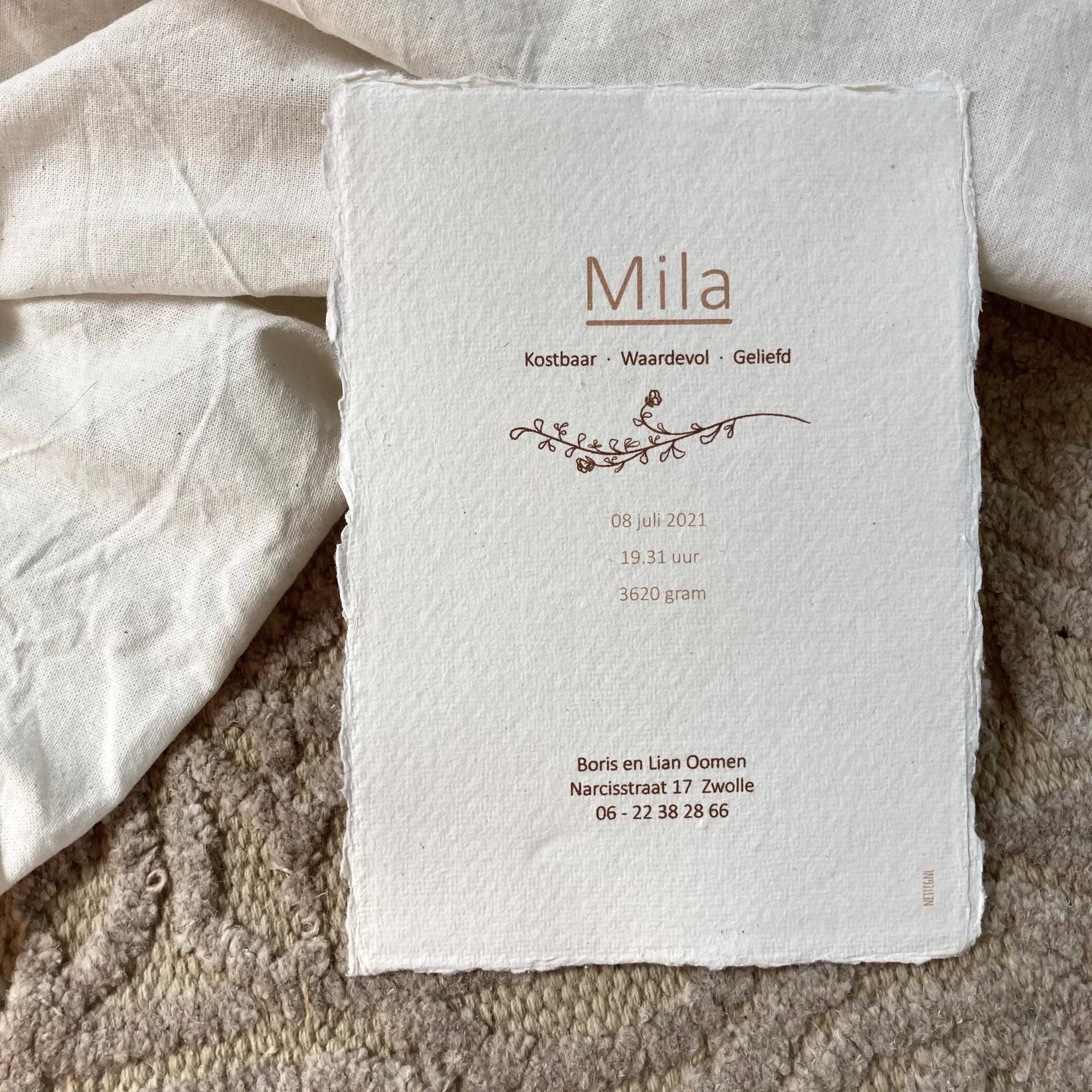 Geboortekaartje Mila | Handgeschept |