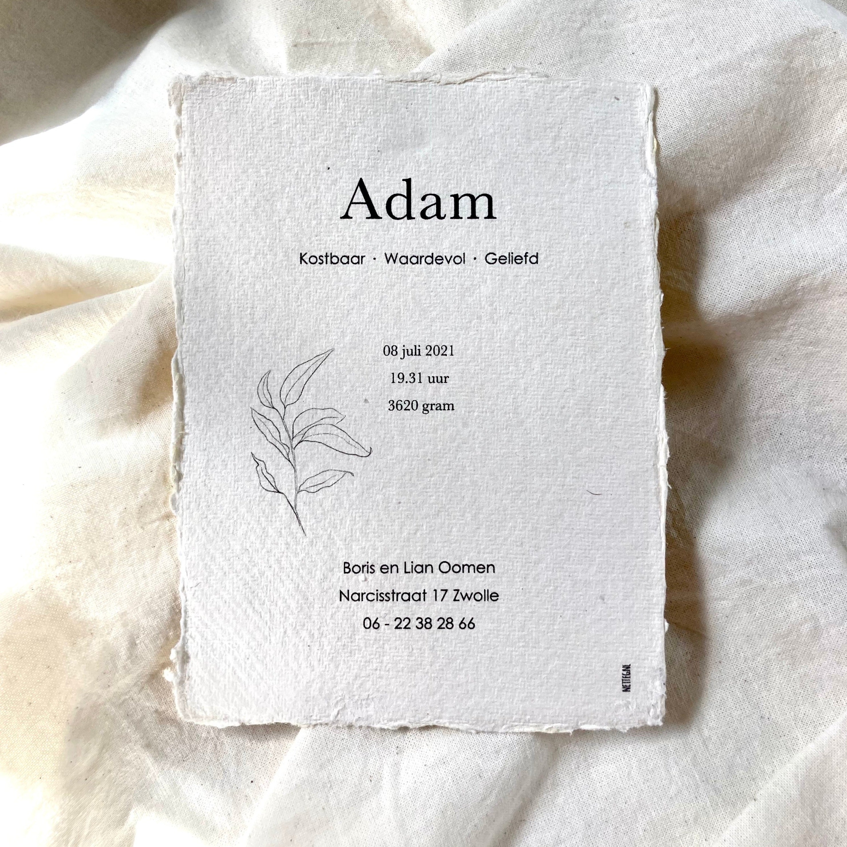 Geboortekaartje Adam | Handgeschept