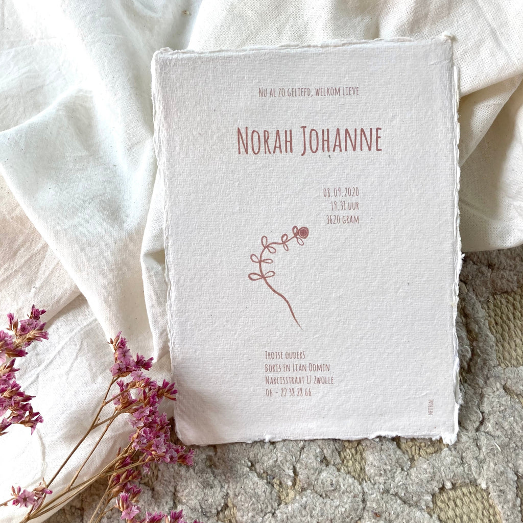 Geboortekaartje Norah | Handgeschept | Oud Roze
