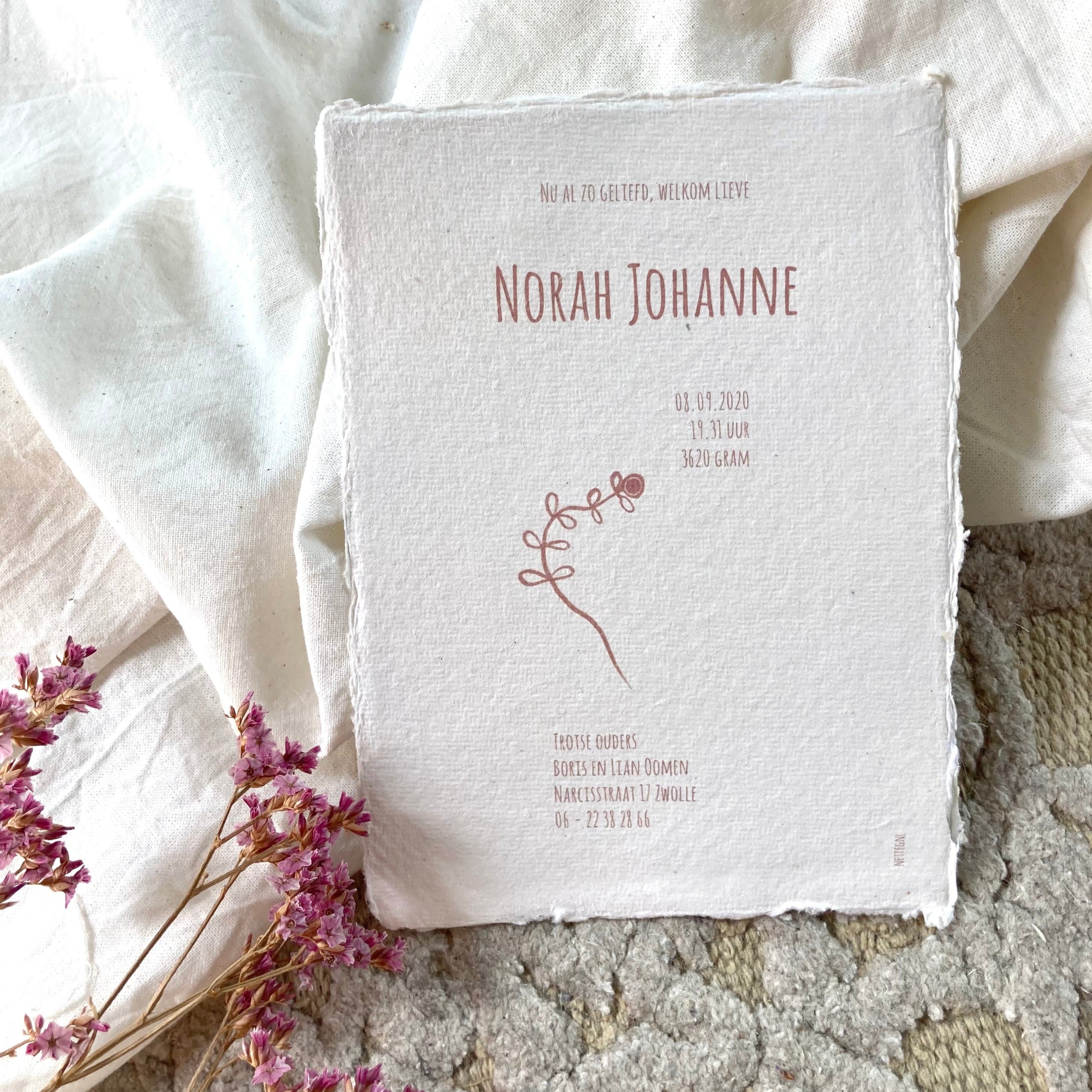 Geboortekaartje Norah | Handgeschept | Oud Roze