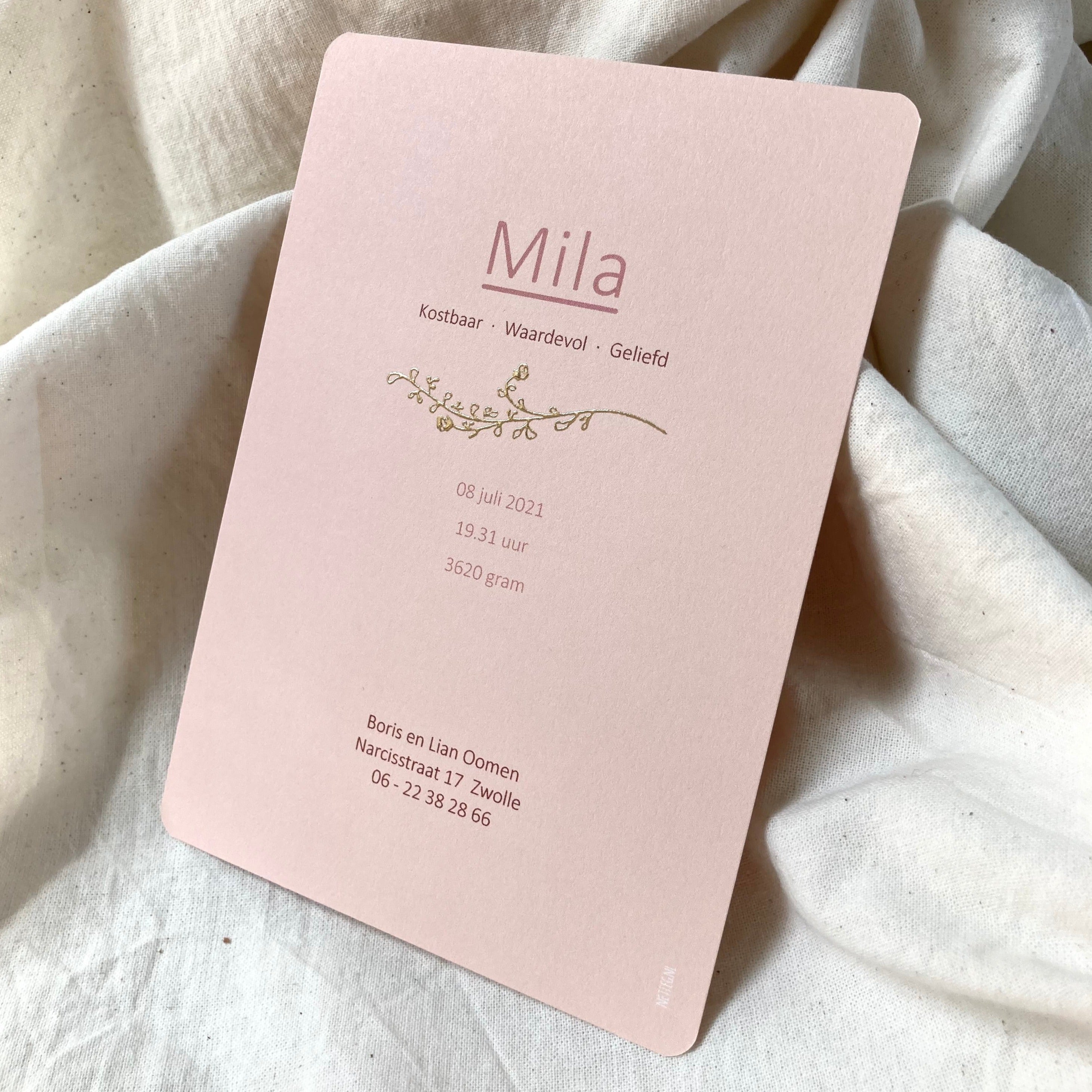 Geboortekaartje Mila | Zacht Roze | Goudfolie