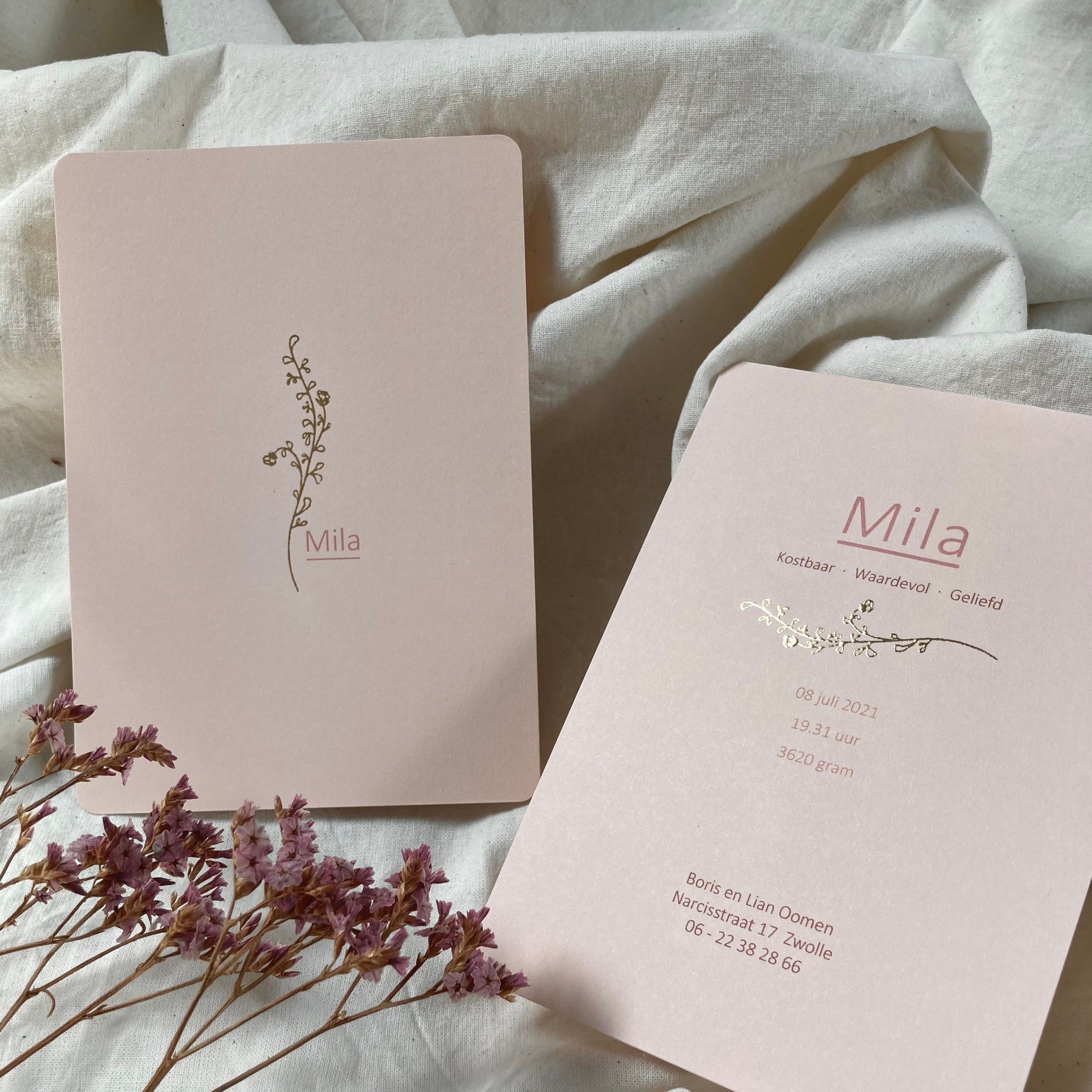 Geboortekaartje Mila | Zacht Roze | Goudfolie