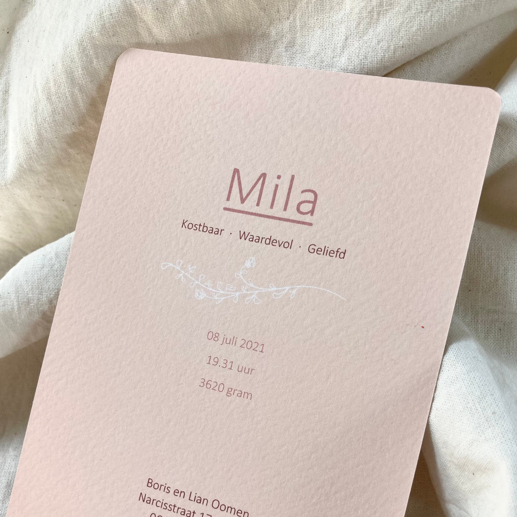 Geboortekaartje Mila | Zacht Roze