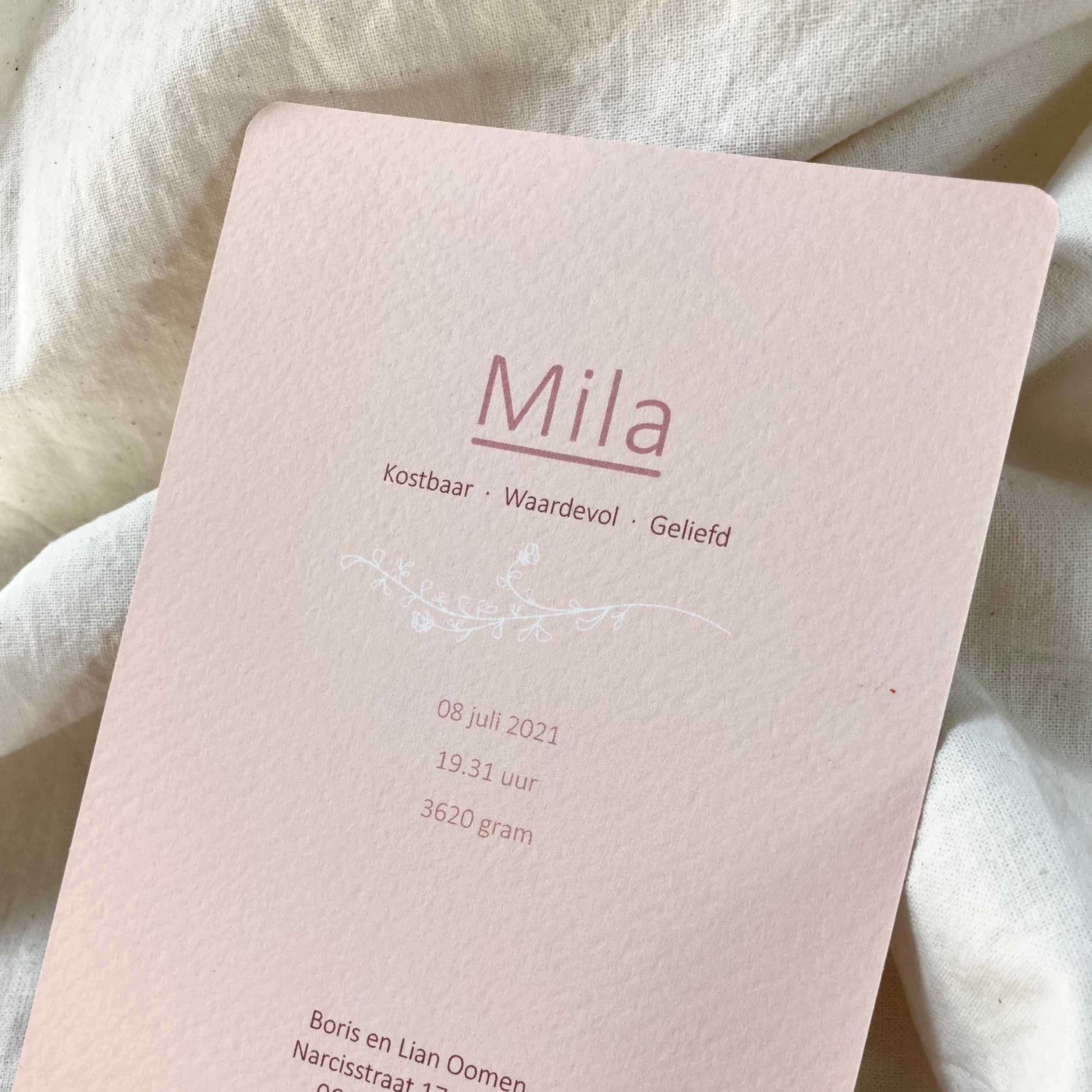 Geboortekaartje Mila | Zacht Roze
