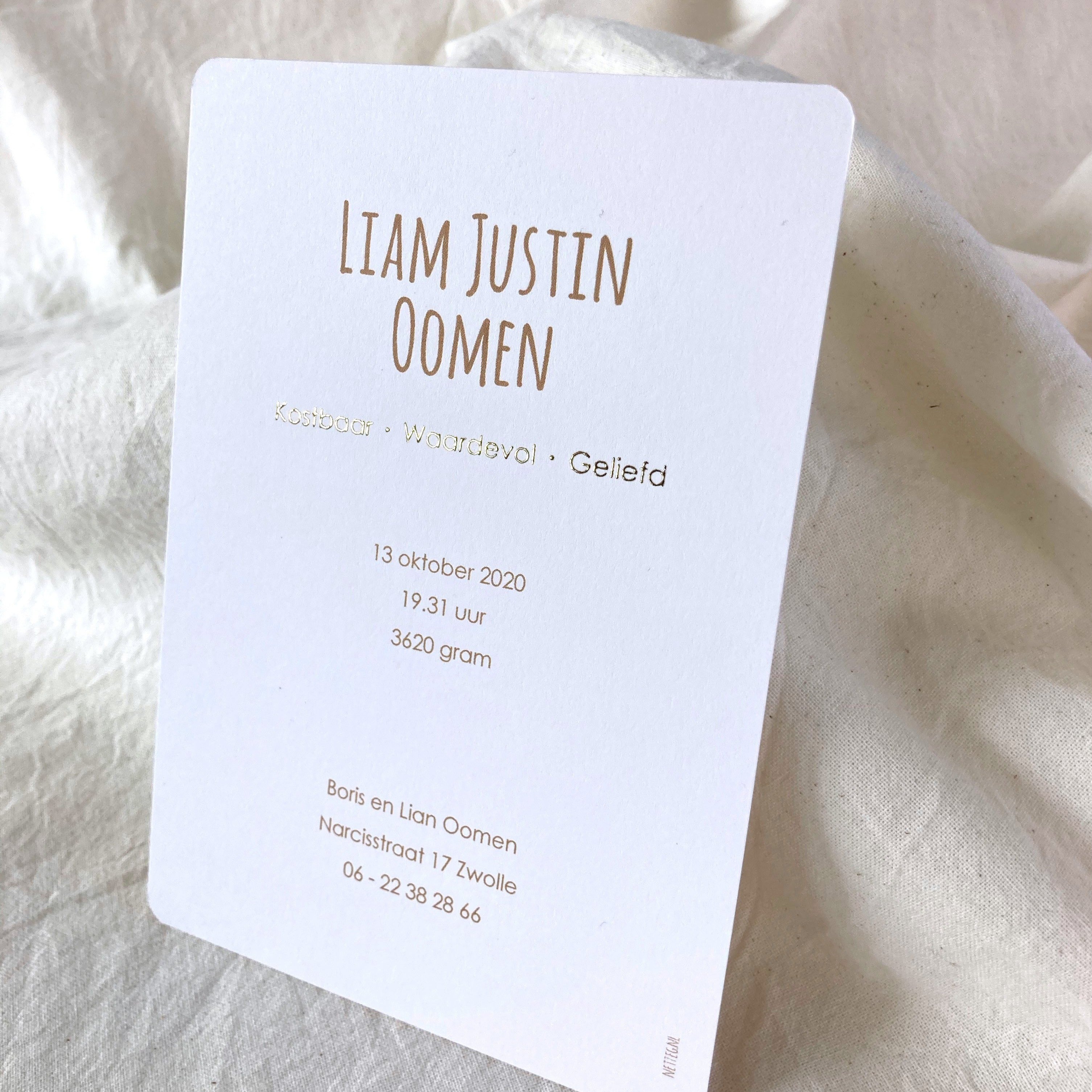 Geboortekaartje Liam | Goudfolie