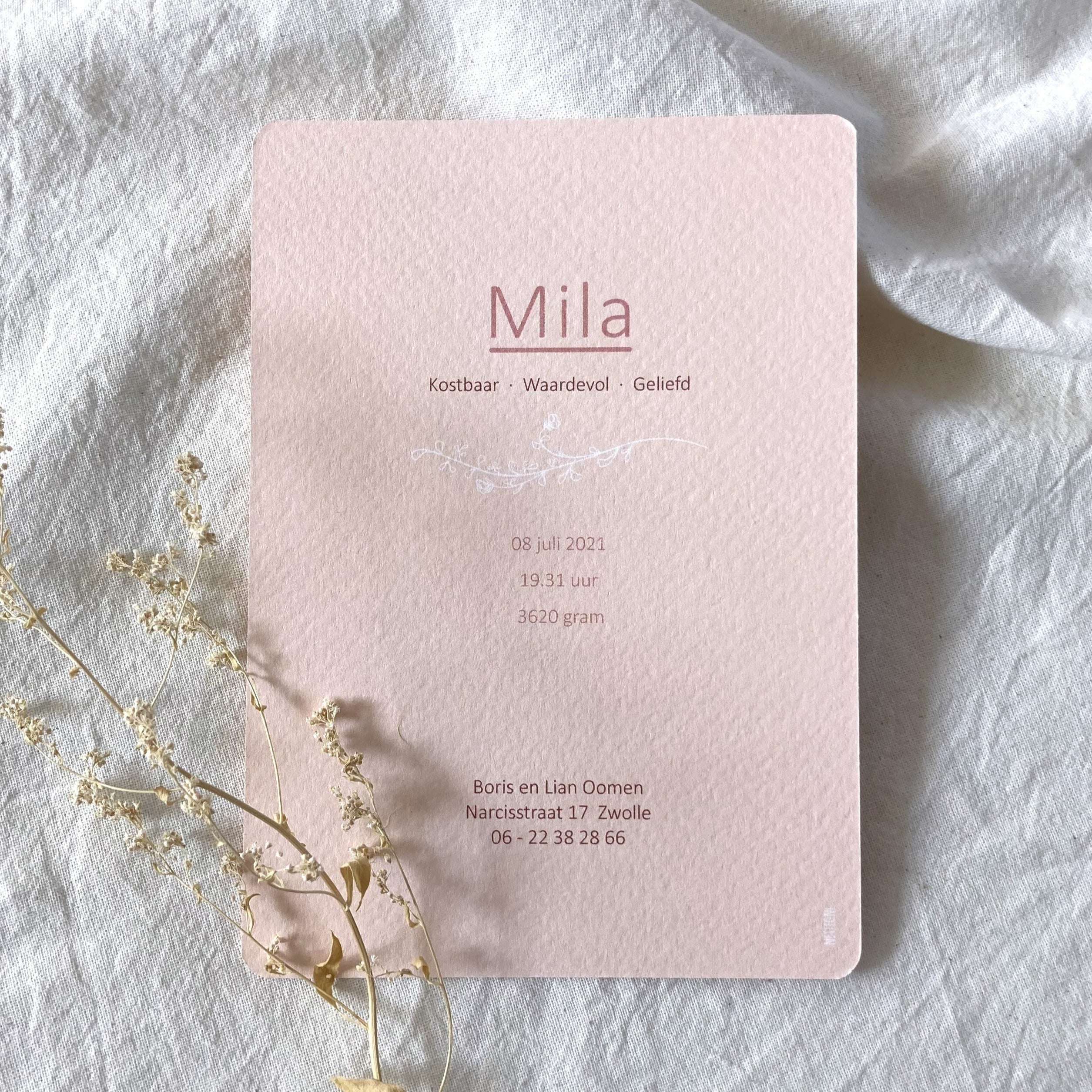 Geboortekaartje Mila | Zacht Roze