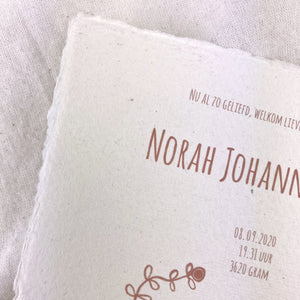 Geboortekaartje Norah | Handgeschept | Oud Roze